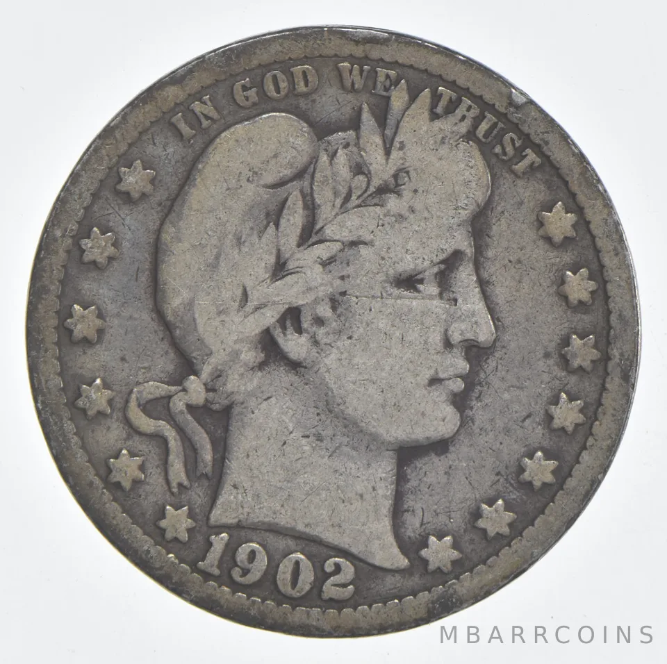 1902 (P) Barber Quarter 90% Silver VG Condition