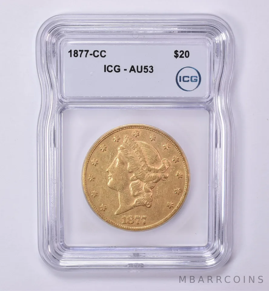 1877-CC $20 Liberty Head Gold Double Eagle AU53 ICG *0498