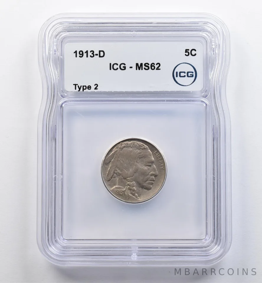 1913-D Indian Head Buffalo Nickel Type 2 Rotated Reverse MS62 ICG *9019