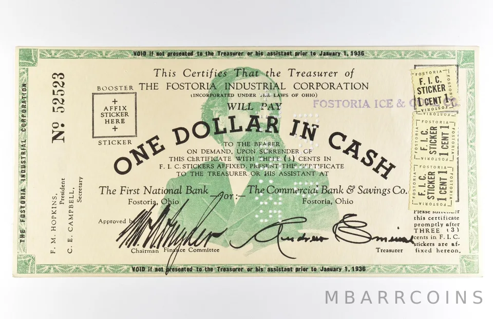 1936 $1 Fostoria OH Industrial Corporation Obsolete Note *8575