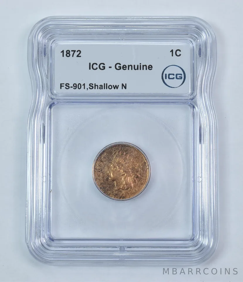 Error 1872 Indian Head Cent FS-901 Shallow N Genuine ICG *9256