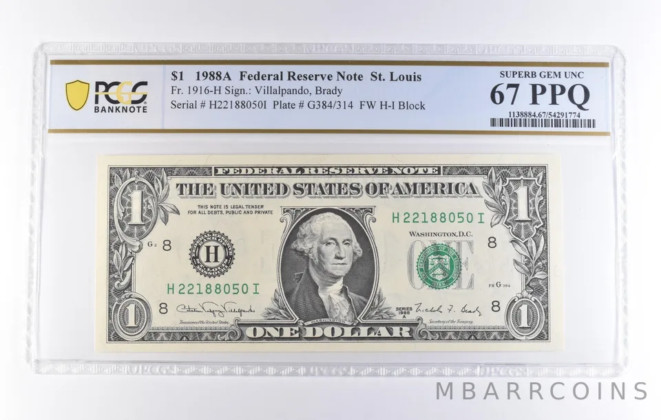 1988 A $1 St Louis MO FRN Fr#1916-H Superb Gem Unc 67 PPQ PCGS *8258