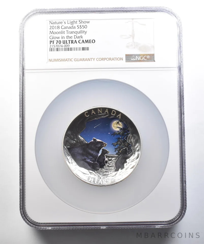 2018 Canada $50 Silver Nature Light Moonlit Tranquil GITD PF70 UCAM NGC *4425