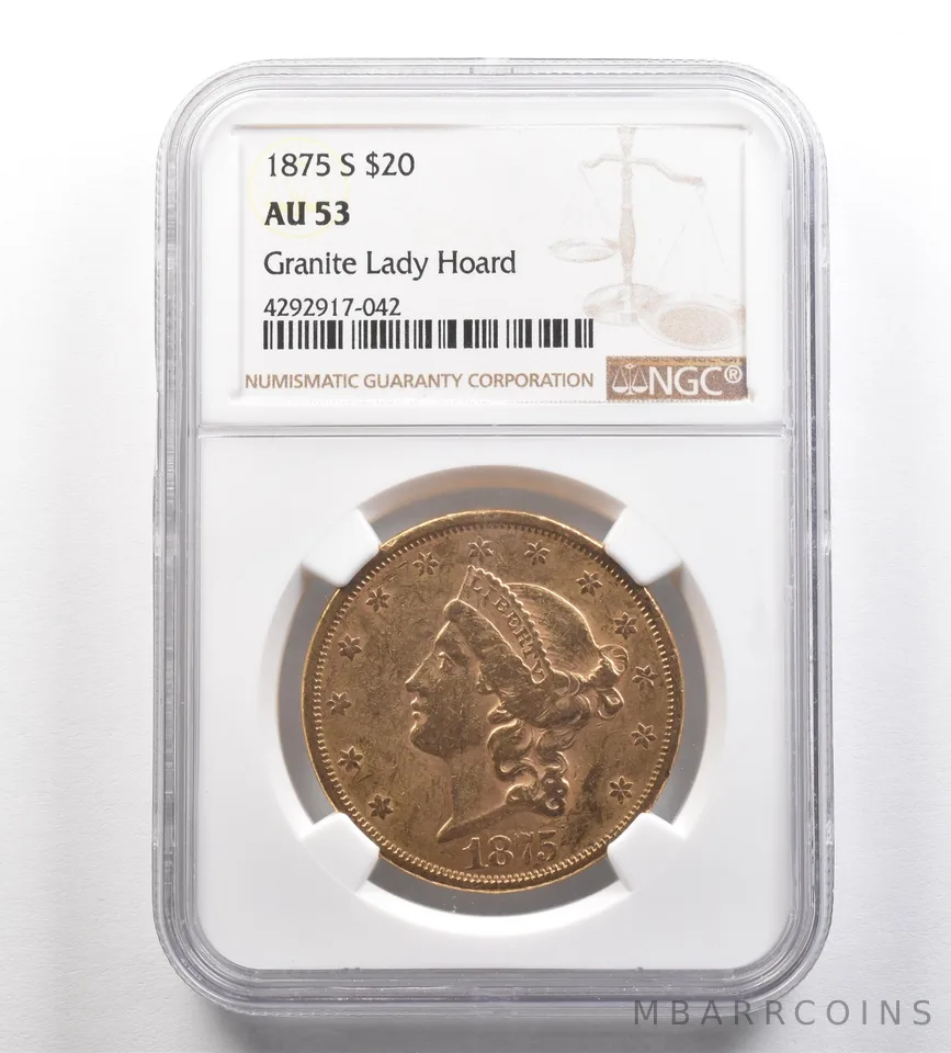 1875-S $20 Liberty Head Gold Double Eagle Granite Lady Hoard AU53 NGC *4293