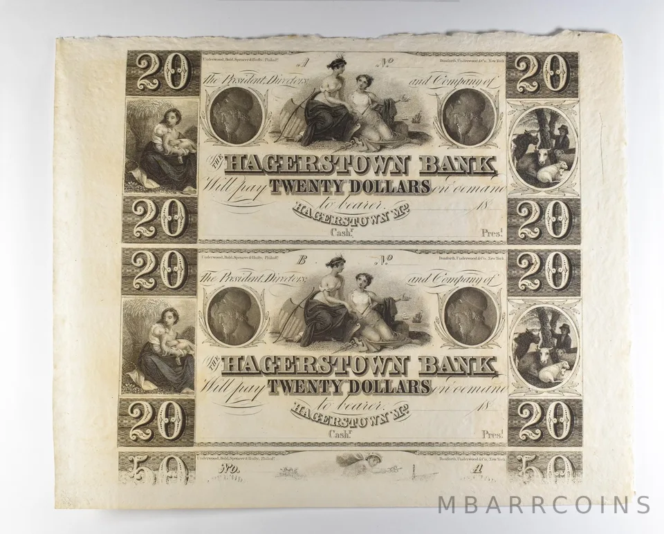 Lot (2) 1800s $20 Hagerstown MD Bank Obsolete Note Uncut *8702