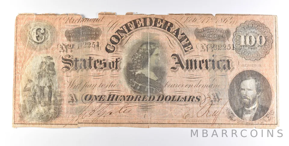 1864 $100 Confederate States Of America Note T65 *7283
