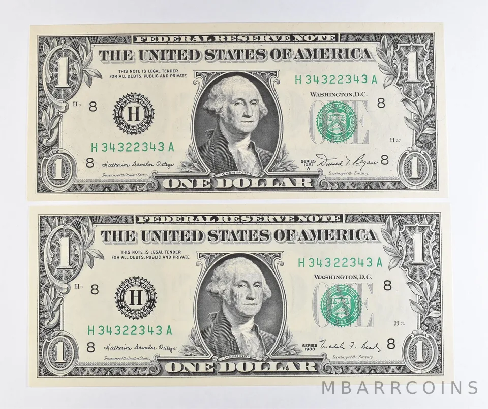 Lot (2) Matching Radar Numbers 1981 A/1988 $1 St Louis MO FRN *1707