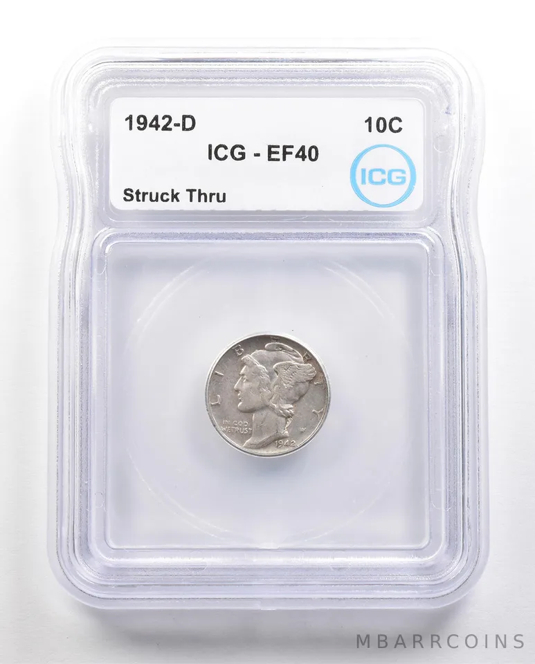 1942-D Mercury Dime Struck Thru EF40 ICG *6410
