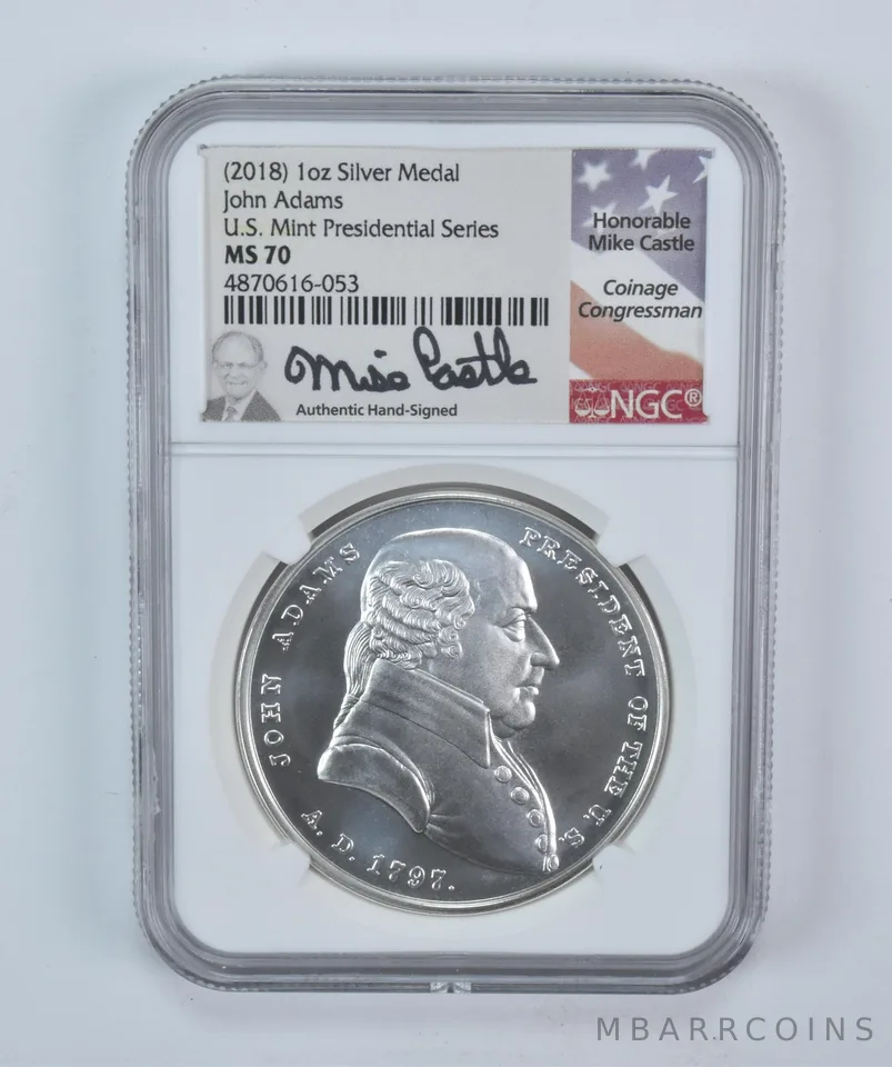 (2018) 1 Oz Silver Presidential Medal John Adams Mike Castle MS70 NGC a5720