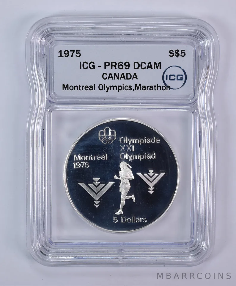 1975 Canada 5 Dollars Silver Montreal Olympics Marathon PR69 DCAM ICG