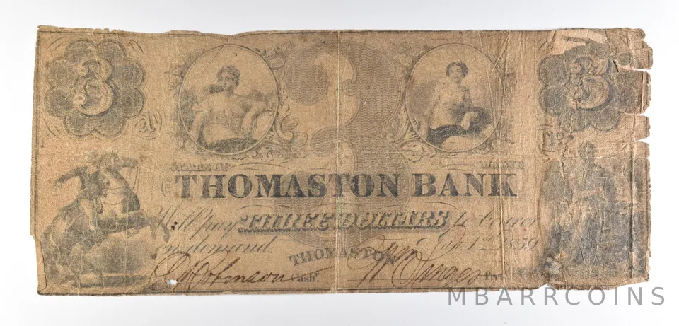 1859 $3 Thomaston Bank ME Obsolete Note *8615