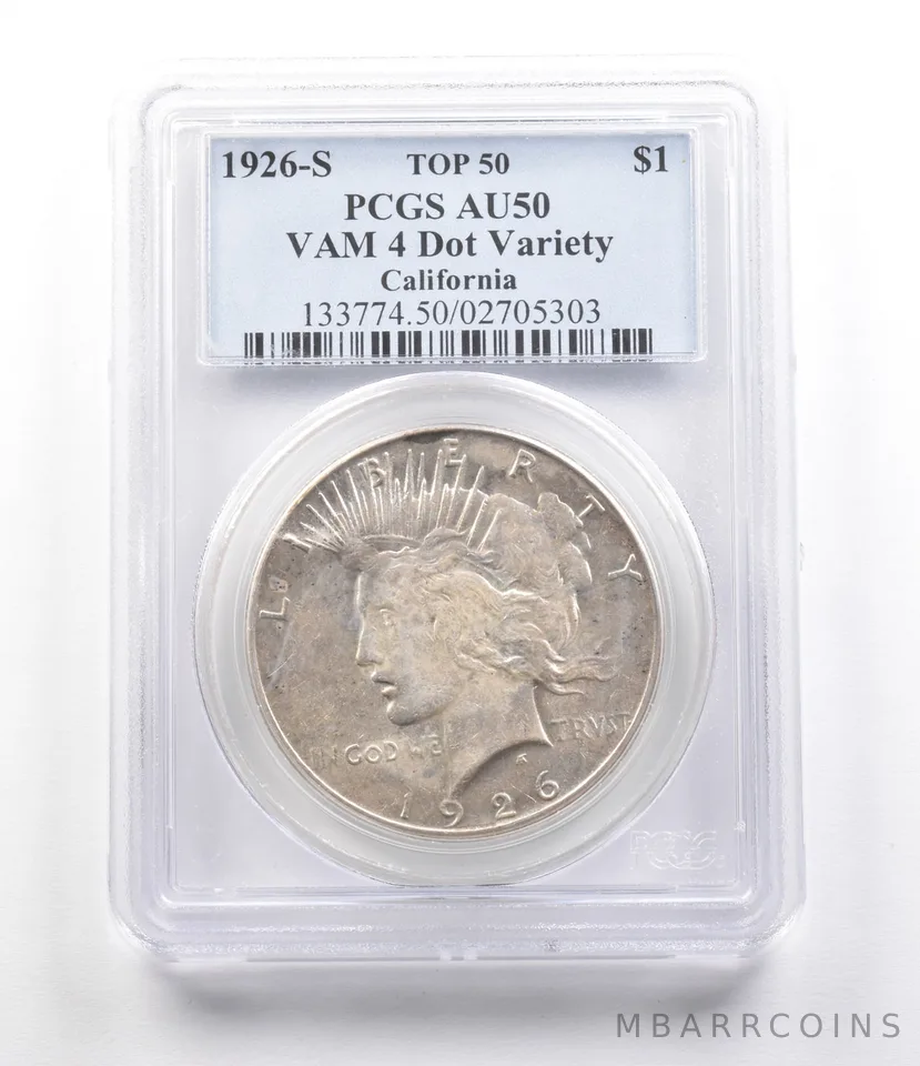 1926-S Peace Silver Dollar VAM 4 Dot Variety California Top 50 AU50 PCGS *2617