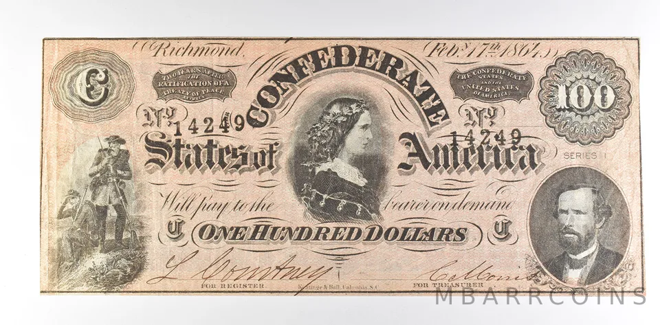1864 $100 Confederate States Of America T-65 Large Note *8604