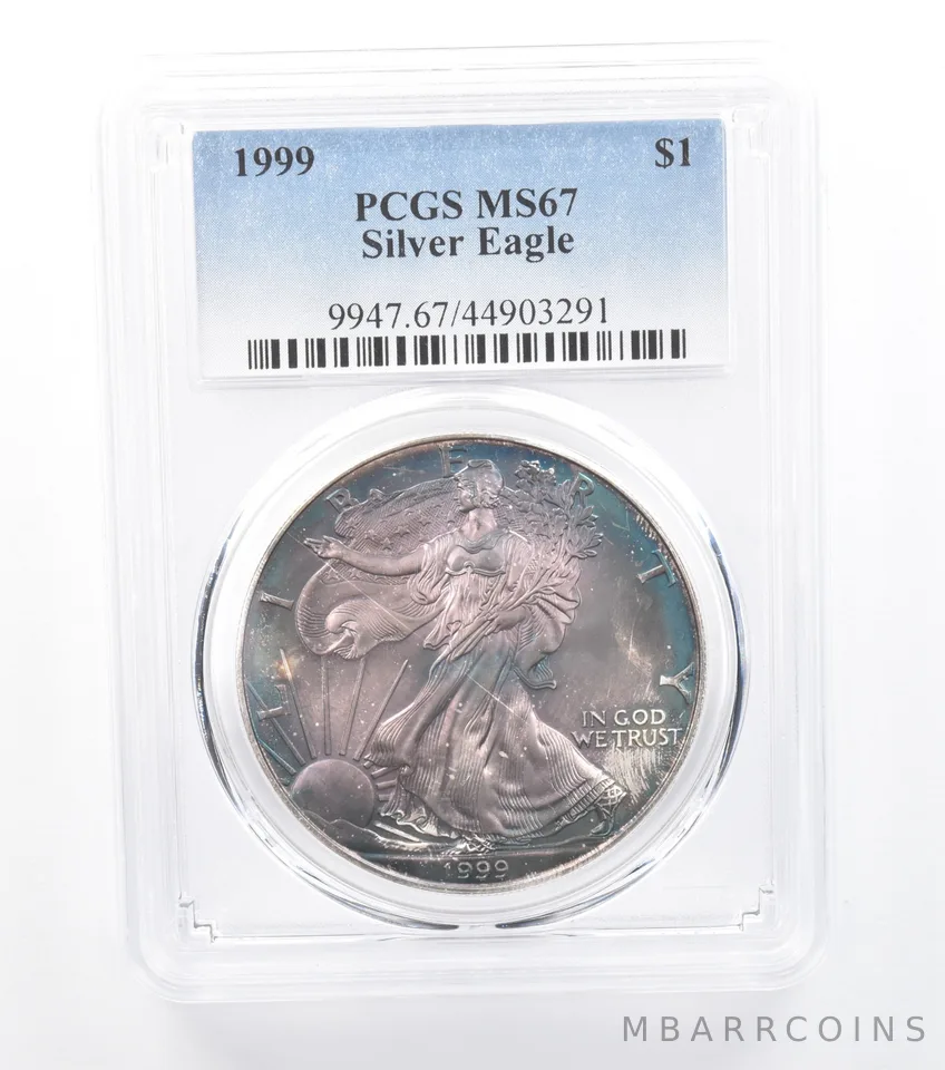 1999 American Silver Eagle MS67 PCGS Blue/Purple Tone *7720