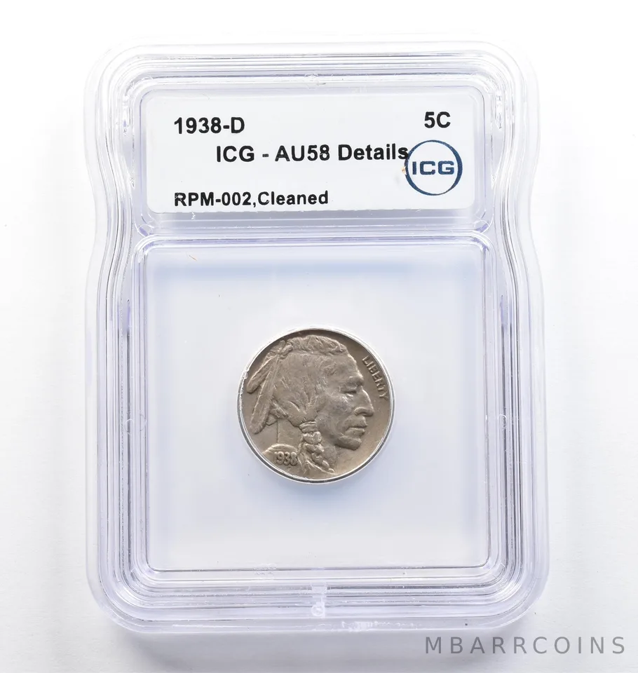 1938-D Indian Head Buffalo Nickel RPM-002 Cleaned AU58 Details ICG *9839