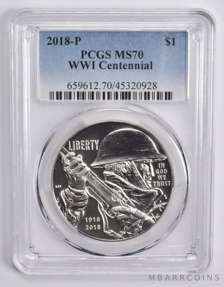 2018-P WWI Commemorative Dollar $1 MS70 PCGS Blue Lbl