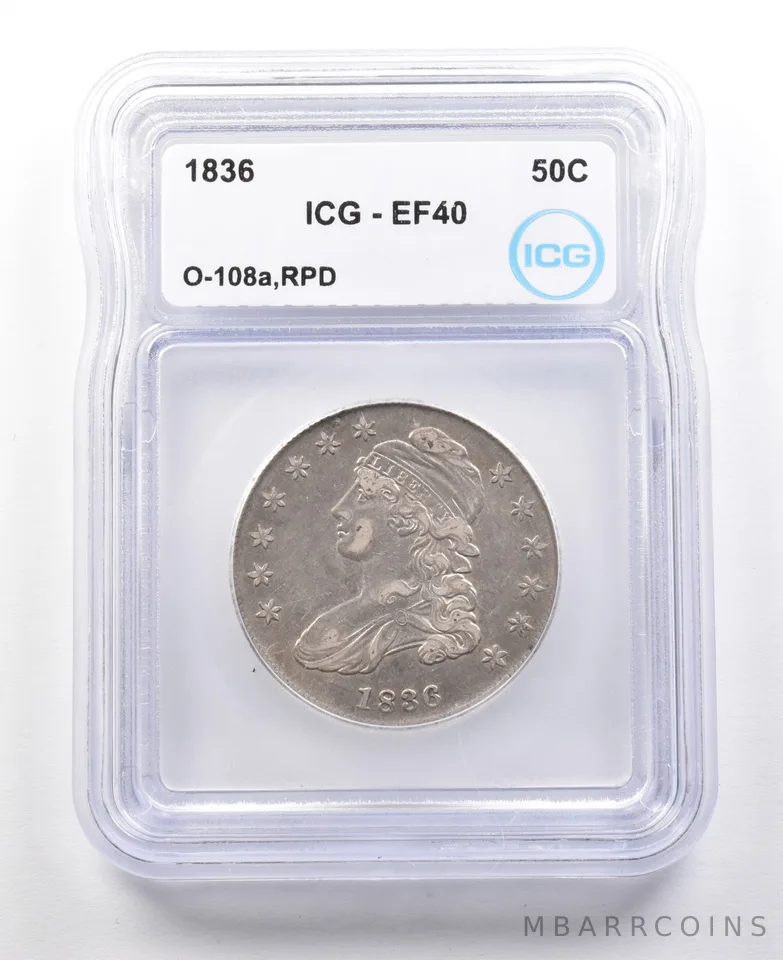 1836 Capped Bust Half Dollar O-108a RPD EF40 ICG 1836/1336 *3088