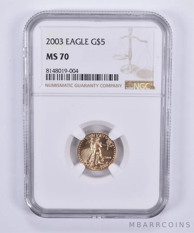 2003 $5 American Gold Eagle 1/10 Oz MS70 NGC Brown Label