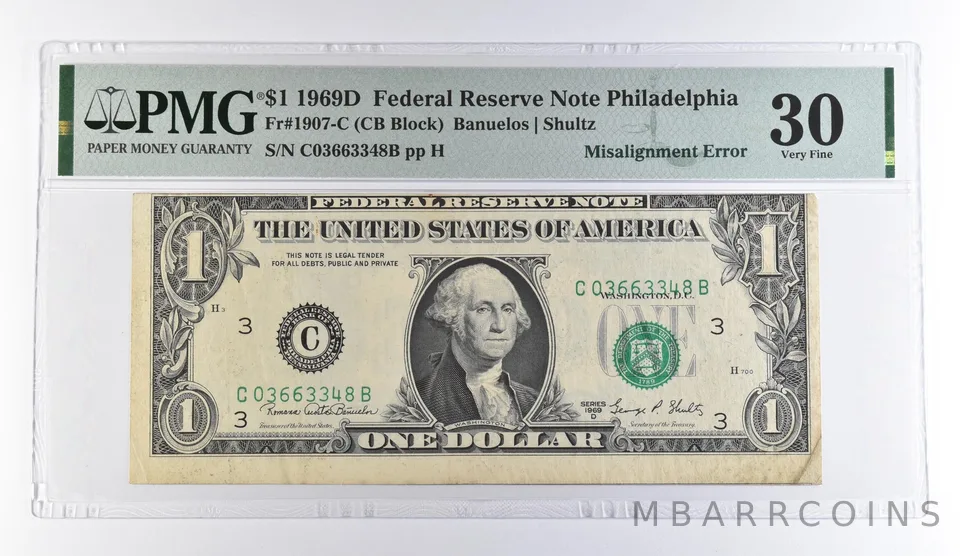 1969 D $1 Philadelphia PA FRN Misalign Error Fr#1907-C VF 30 PMG *9507