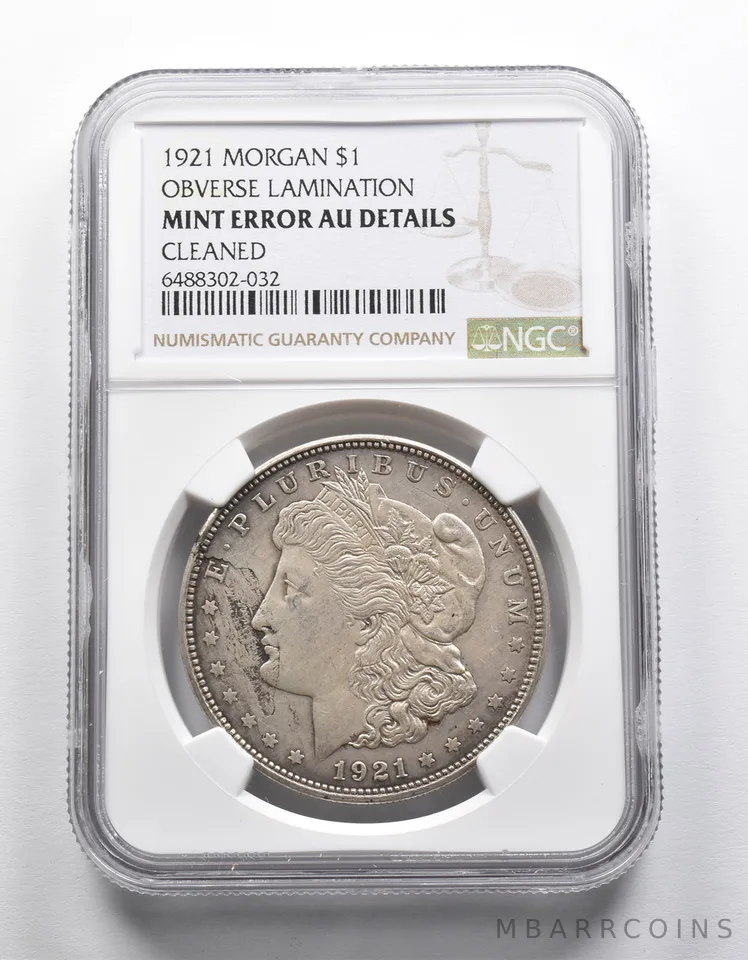 Mint Error AU Details 1921 Morgan Silver Dollar OBV Lamination NGC *1960