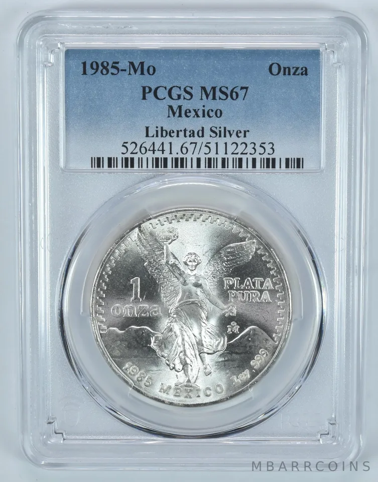 1985 Mo Mexico 1 Onza Silver Libertad MS67 PCGS Blue Label