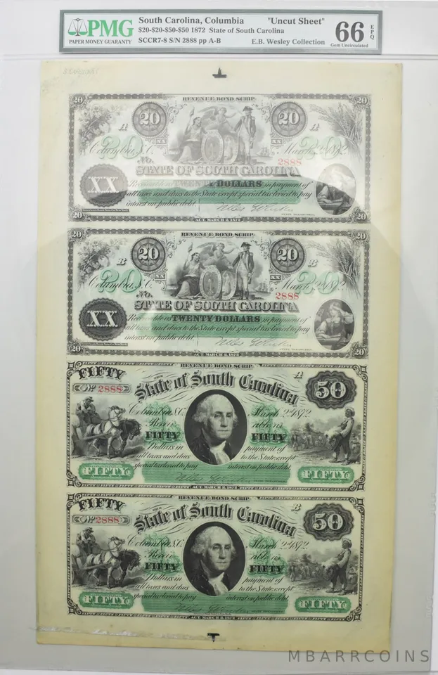 1872 $20-$20-$50-$50 Columbia SC Uncut Sheet Gem Unc 66 EPQ PMG *8565