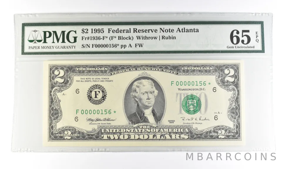 1995 $2 Atlanta GA FRN Fr#1936-F* Star Error Gem Unc 65 EPQ PMG Low Serial *5466