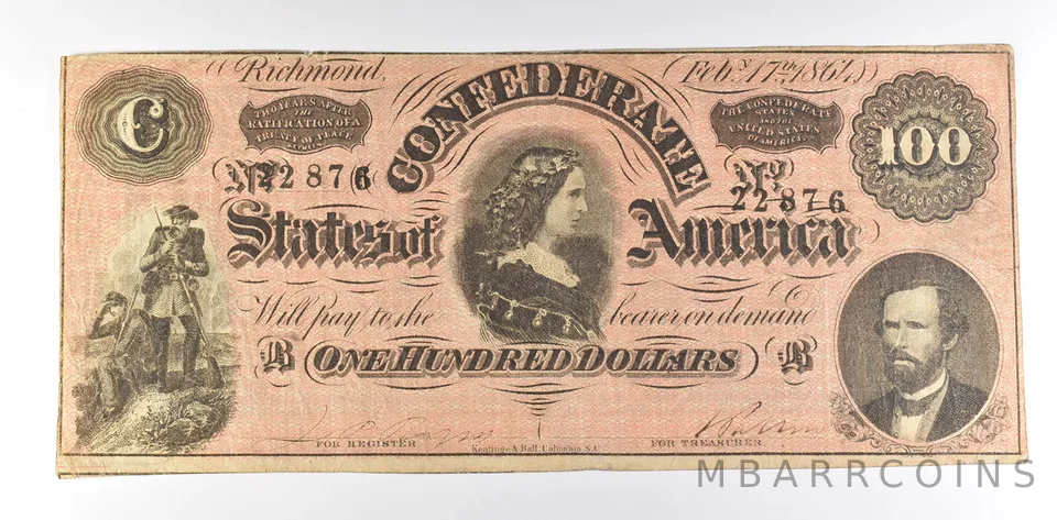 1864 $100 Confederate States Of America T-65 Large Note a8589