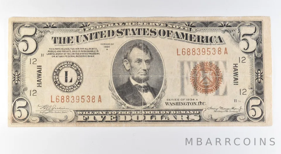 1934 A $5 San Francisco CA FRN Hawaii Issue Brown Seal Fr#2302 Mule *9610