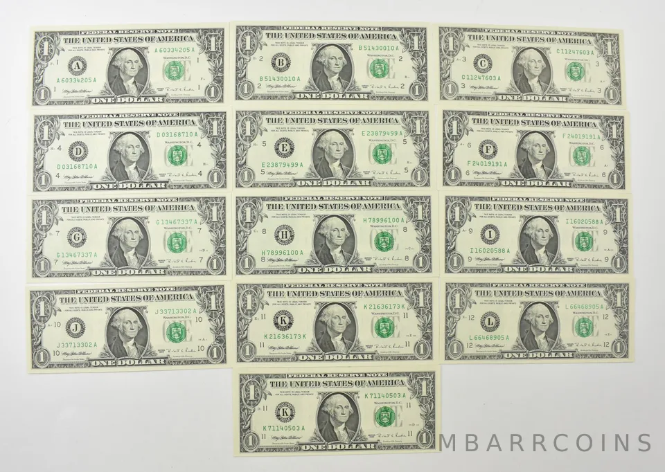 Lot (12) 1995 $1 FRN Complete District Set a7943