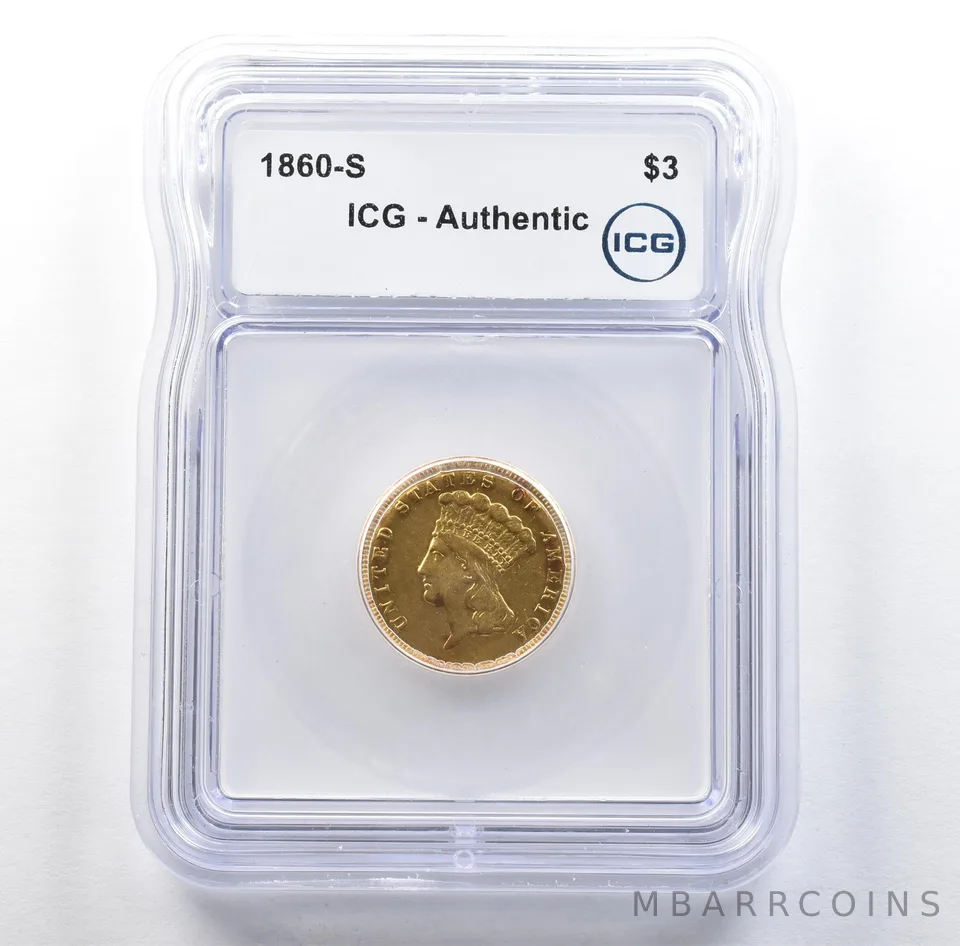1860-S $3 Indian Princess Head Gold Three Dollars Authentic ICG *3051