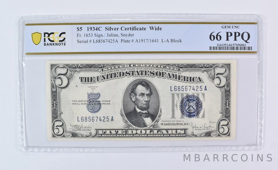 1934 C $5 Silver Certificate Wide Fr#1653 Gem Unc 66 PPQ PCGS