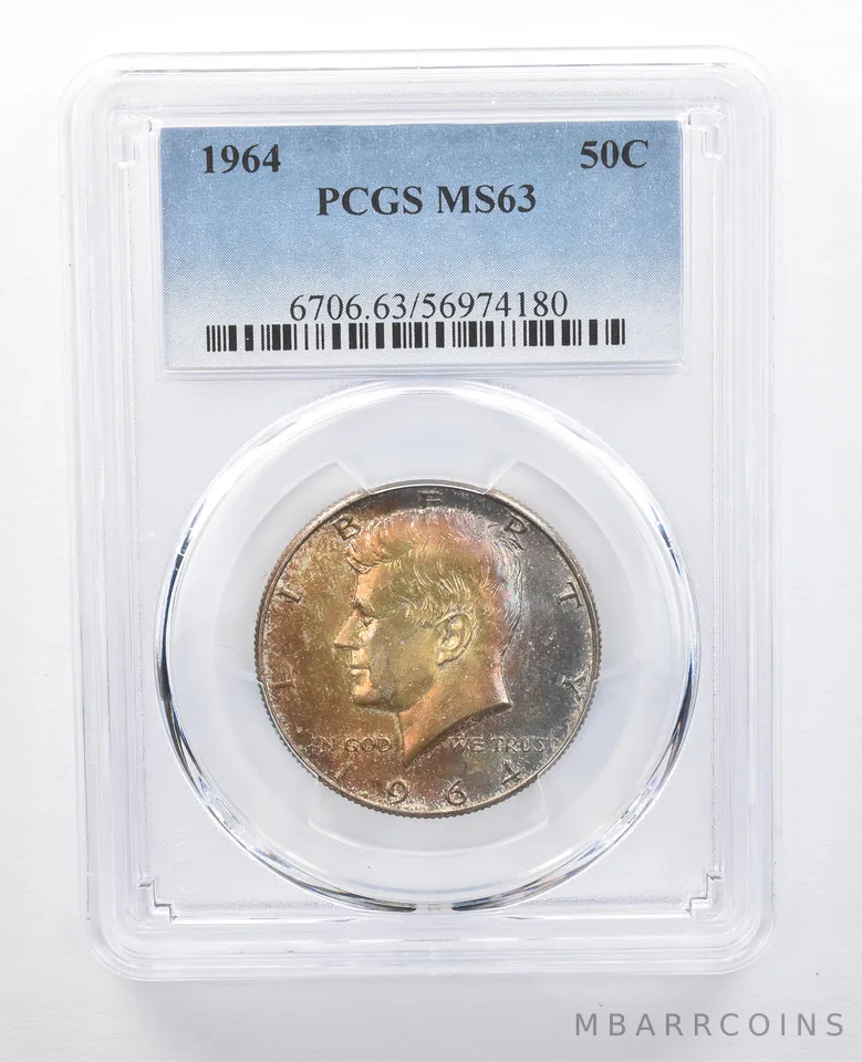 1964 Kennedy Half Dollar MS63 PCGS Yellow/Blue Tone *7695