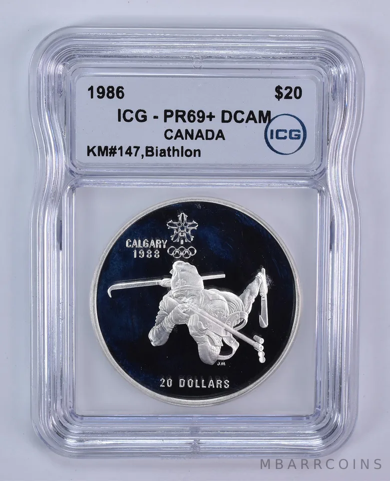 1986 Canada 20 Dollars Silver Calgary Olympics Biathlon PR69+ DCAM ICG