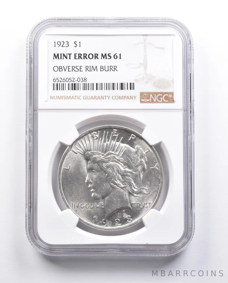 MS61 1923 Peace Silver Dollar Error OBV Rim Burr NGC *6661