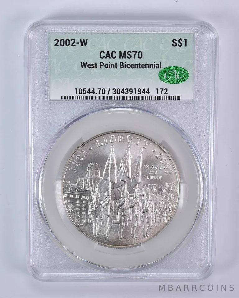 2002-W West Point Commemorative Silver Dollar MS70 CAC CACg