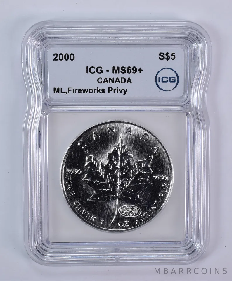 2000 Canada 5 Dollars Silver Maple Leaf Fireworks Privy 1 Oz MS69+ ICG