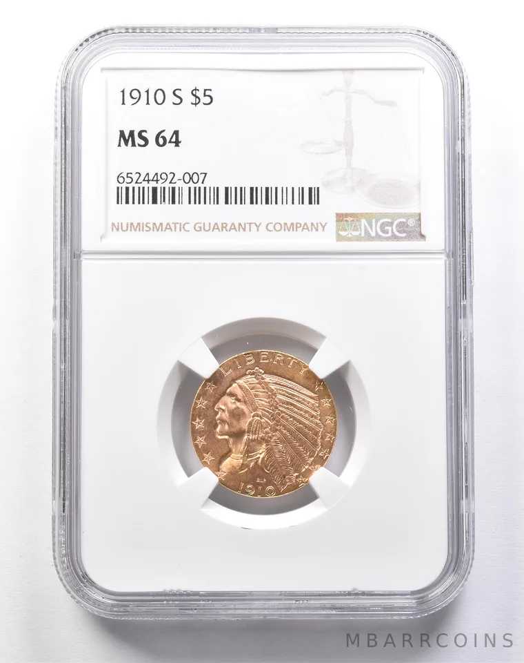 MS64 1910-S $5 Indian Head Gold Half Eagle NGC a6057