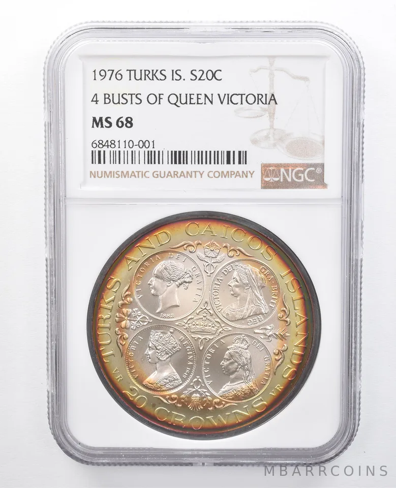 1976 Turks Is. 20 Crowns Silver Queen Victoria MS68 NGC Yellow/Orange Tone *7672