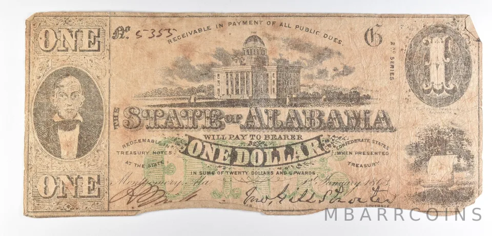 1863 $1 Alabama Obsolete Note *8629
