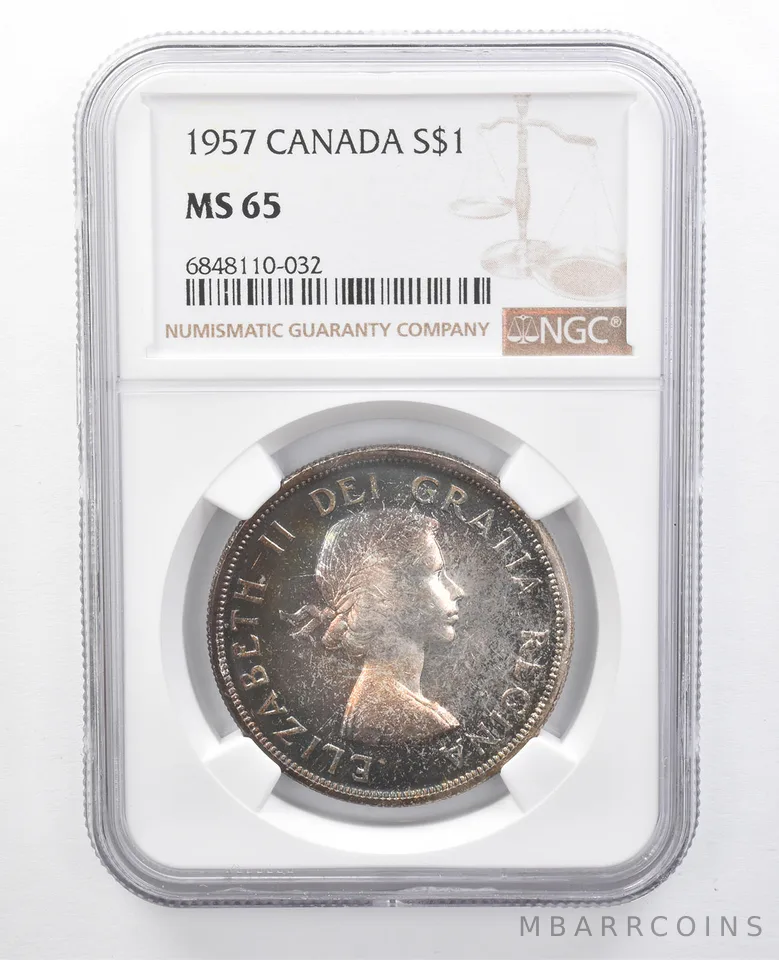 1957 Canada 1 Dollar Silver MS65 NGC Beautiful Blue Tone a7664