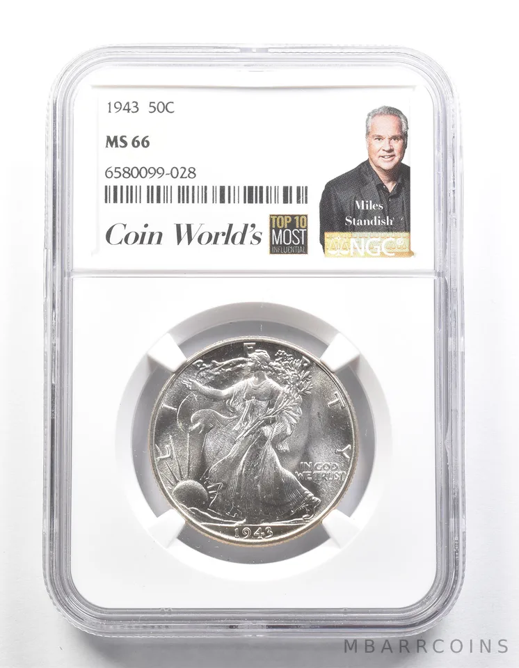 1943 Walking Liberty Half Dollar MS66 NGC Miles Standish Label