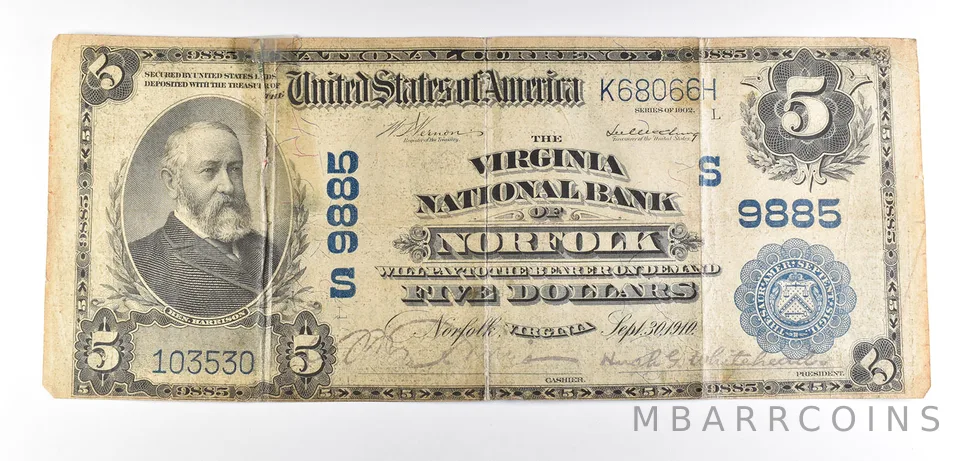 1902 $5 Norfolk, VA National Currency Note Large Note 9885 *6022