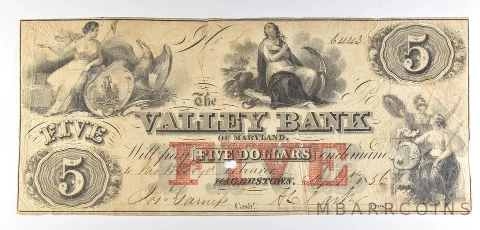 1856 $5 Hagerstown MD Valley Bank Obsolete Note *8521