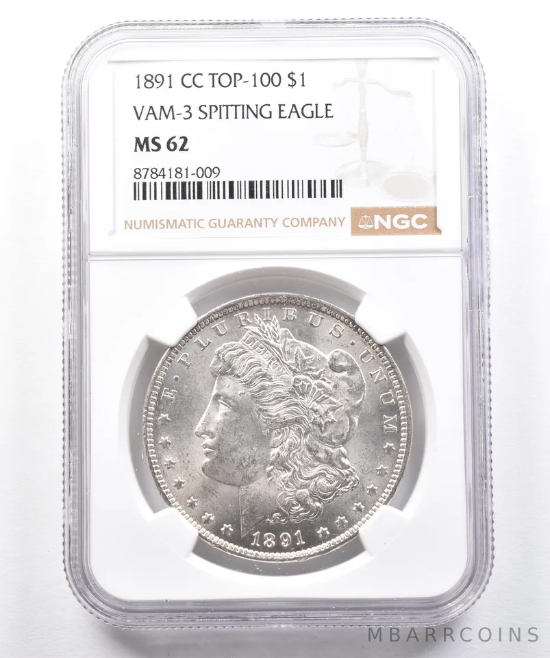 1891-CC Morgan Silver Dollar VAM-3 Spitting Eagle MS62 NGC *1761