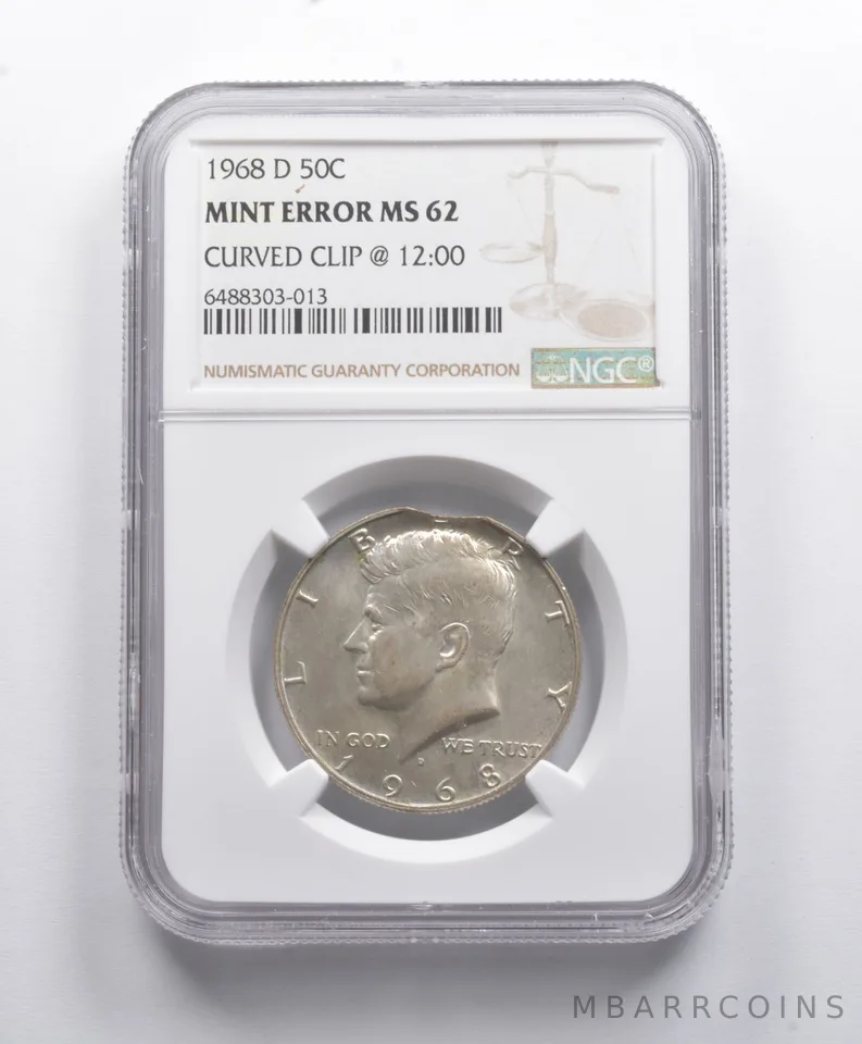 Mint Error MS62 1968-D Kennedy Half Dollar Curved Clip @ 12:00 NGC a8748