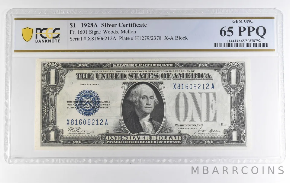 1928 A $1 Silver Certificate Fr#1601 Gem Unc 65 PPQ PCGS *3900