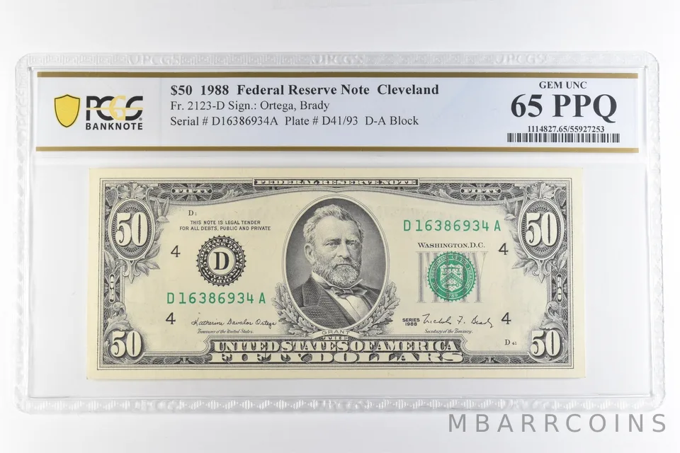 1988 $50 Cleveland OH FRN Fr#2123-D Gem Unc 65 PPQ PCGS *6901