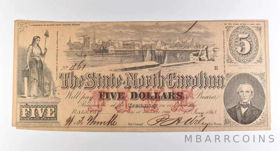 1863 $5 Raleigh NC State Of North Carolina Obsolete Note *3826