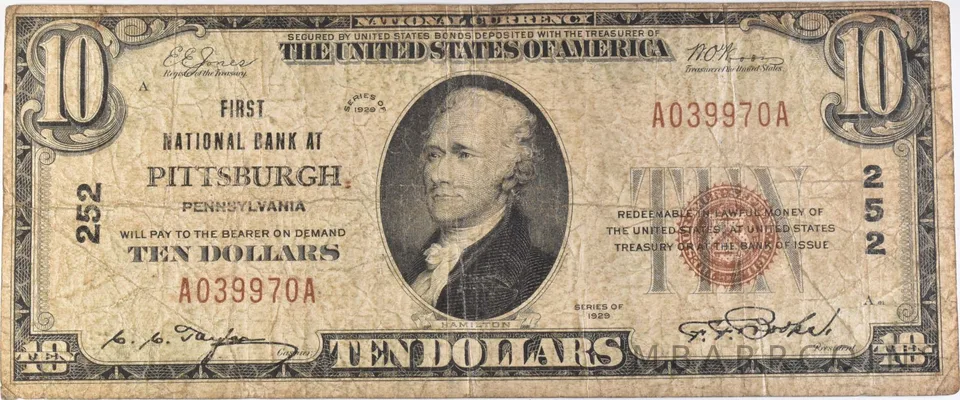 1929 $10 Pittsburgh PA National Currency Note Ch#252 *9620